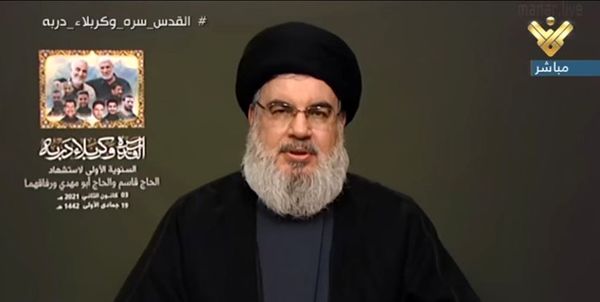 سخنرانی دبیر کل حزب‌الله در سالگرد شهادت سردار سلیمانی و ابومهدی المهندس